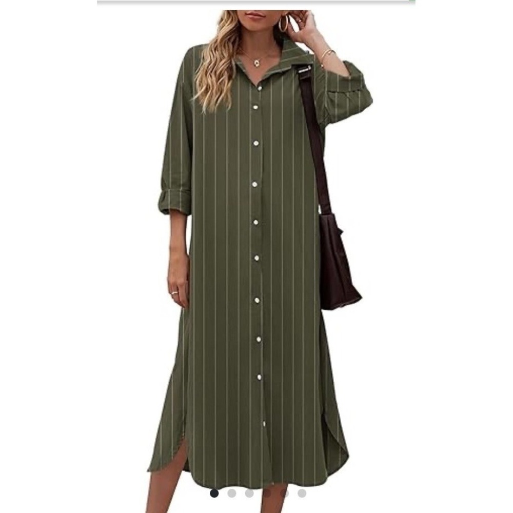 Sopliagon Shirt Dress Women Small Green New Striped Cotton Linen Maxi C1156